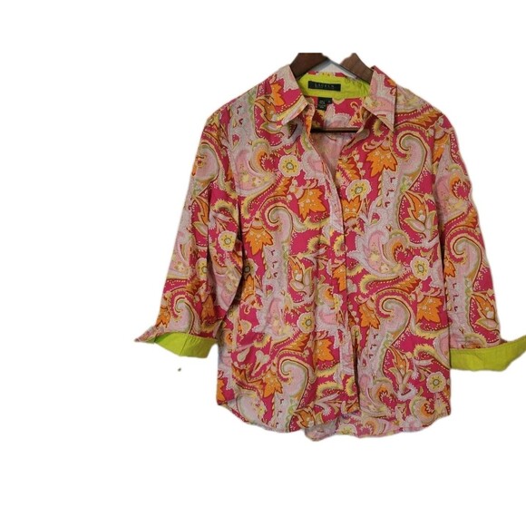 Lauren Ralph Lauren Top Blouse Button Paisley Fuscia Chartreuse 3/4 Sleeve XL - Picture 1 of 7
